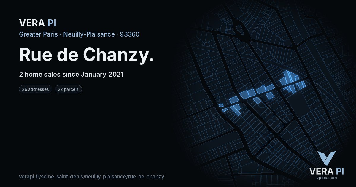 Rue de Chanzy, Neuilly-Plaisance at night – every parcel coloured by the prices around it, the street's own parcels lit