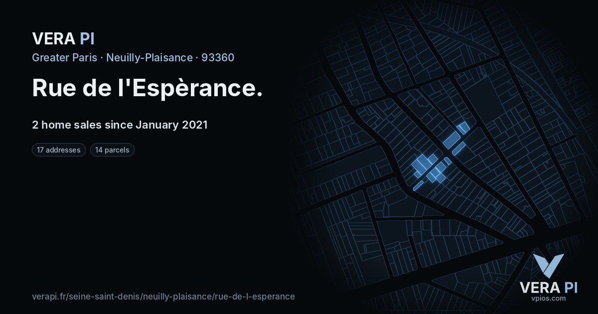 Rue de l'Espèrance, Neuilly-Plaisance at night – every parcel coloured by the prices around it, the street's own parcels lit