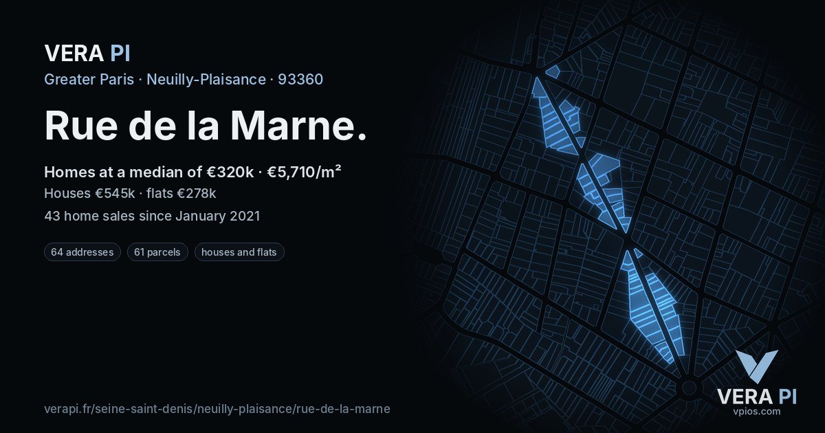 Rue de la Marne, Neuilly-Plaisance at night – every parcel coloured by the prices around it, the street's own parcels lit