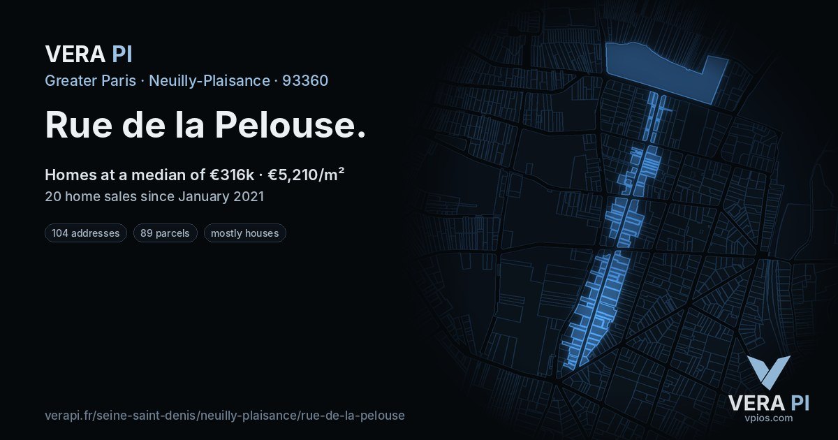 Rue de la Pelouse, Neuilly-Plaisance at night – every parcel coloured by the prices around it, the street's own parcels lit