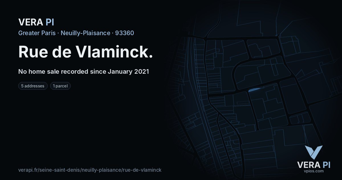 Rue de Vlaminck, Neuilly-Plaisance at night – every parcel coloured by the prices around it, the street's own parcels lit
