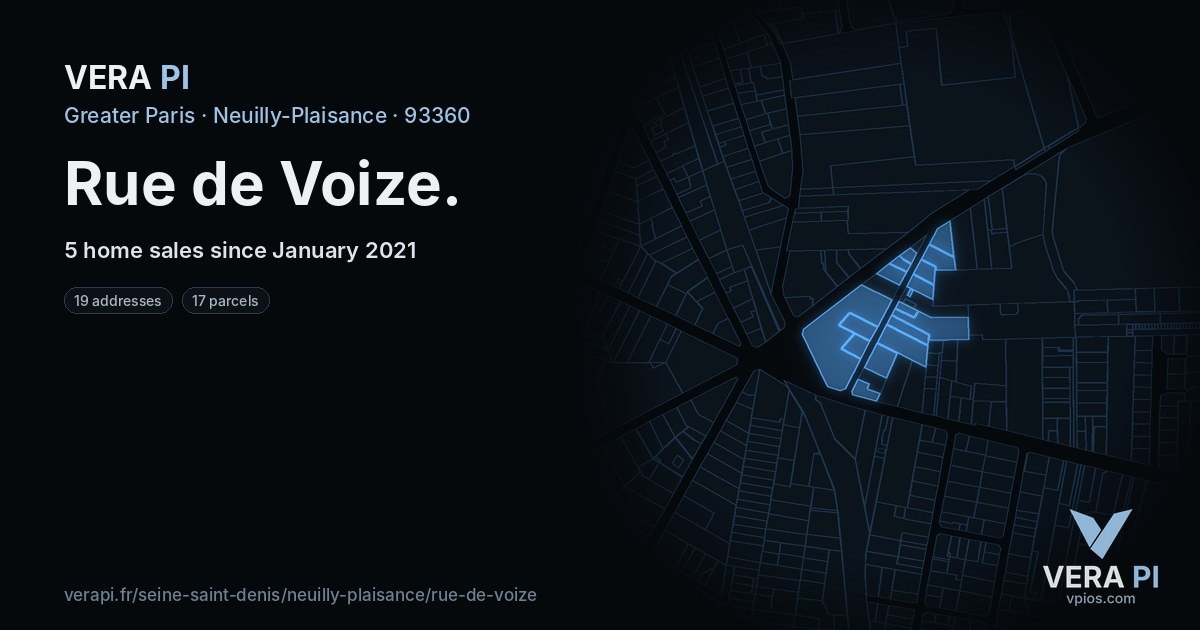 Rue de Voize, Neuilly-Plaisance at night – every parcel coloured by the prices around it, the street's own parcels lit