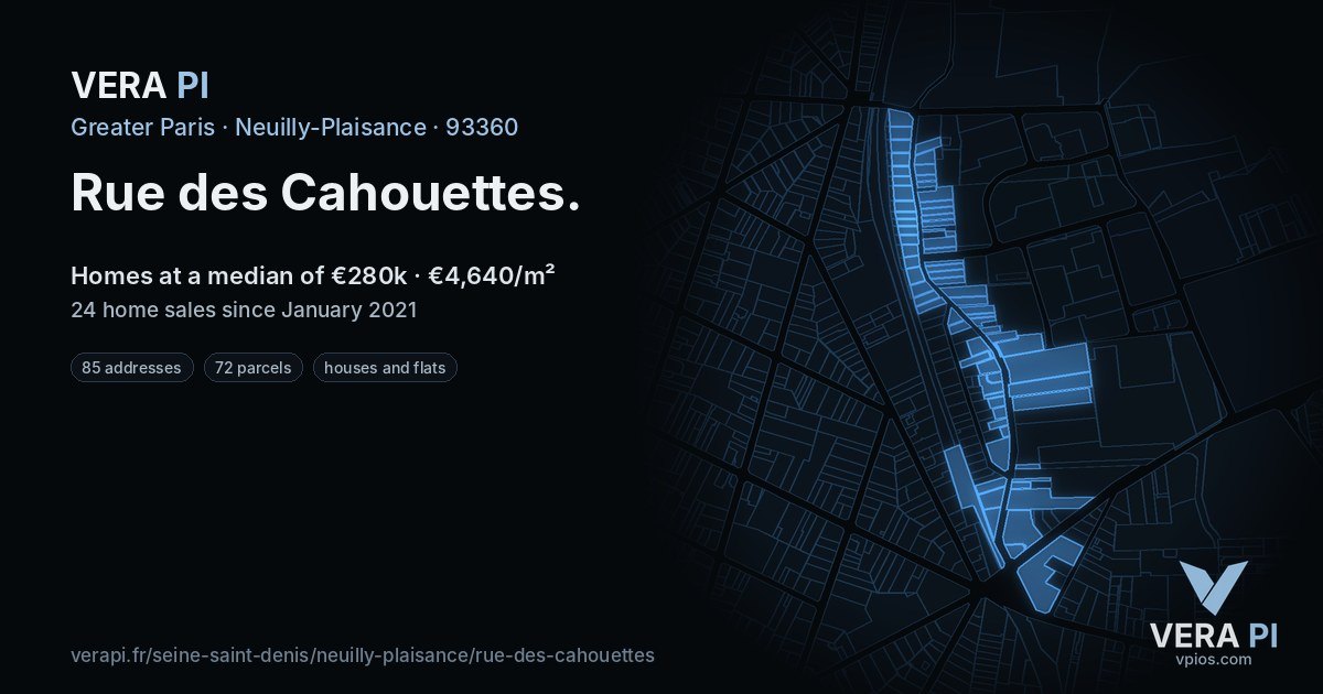 Rue des Cahouettes, Neuilly-Plaisance at night – every parcel coloured by the prices around it, the street's own parcels lit