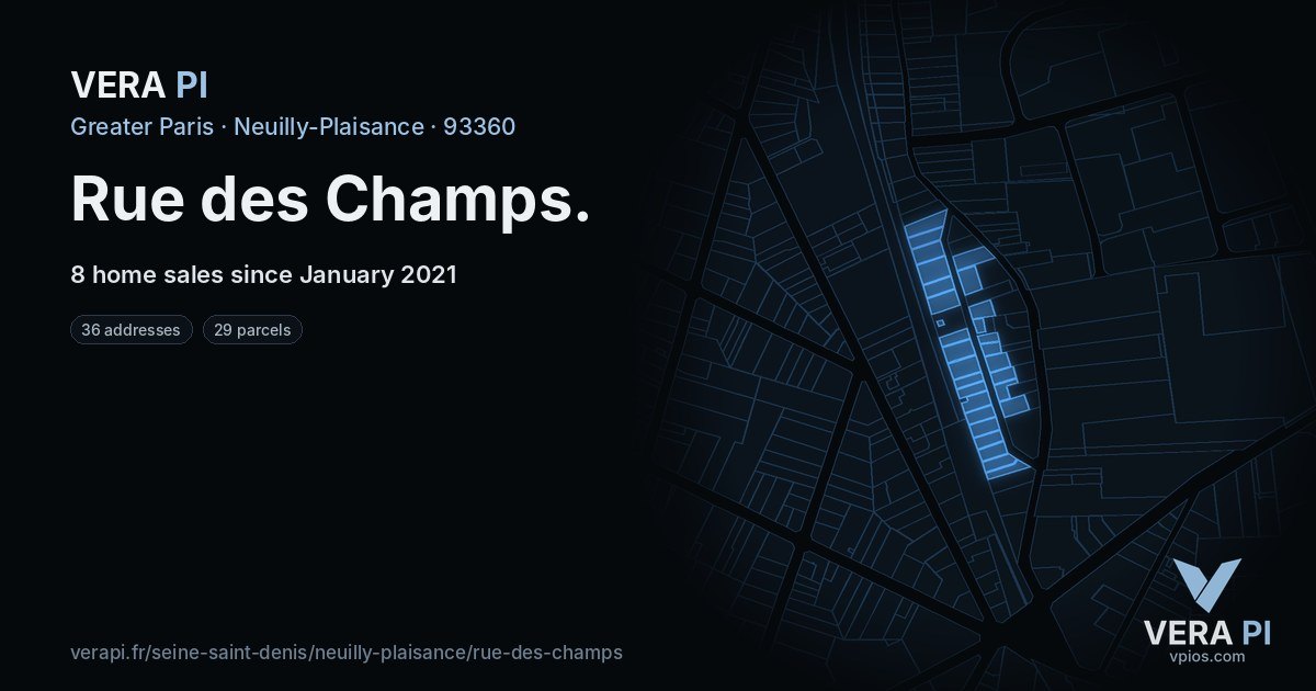 Rue des Champs, Neuilly-Plaisance at night – every parcel coloured by the prices around it, the street's own parcels lit