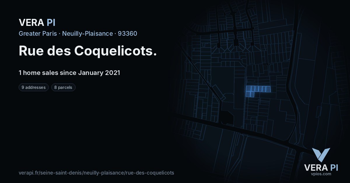 Rue des Coquelicots, Neuilly-Plaisance at night – every parcel coloured by the prices around it, the street's own parcels lit