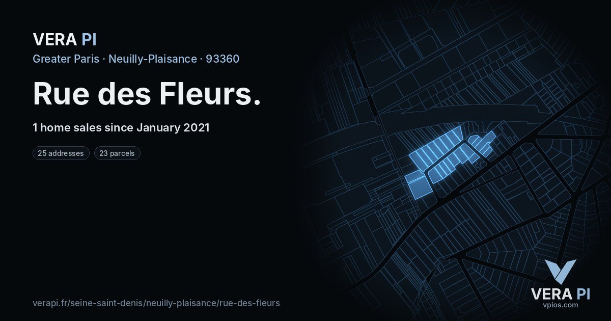 Rue des Fleurs, Neuilly-Plaisance at night – every parcel coloured by the prices around it, the street's own parcels lit