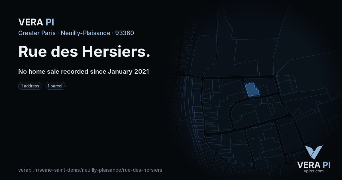 Rue des Hersiers, Neuilly-Plaisance at night – every parcel coloured by the prices around it, the street's own parcels lit