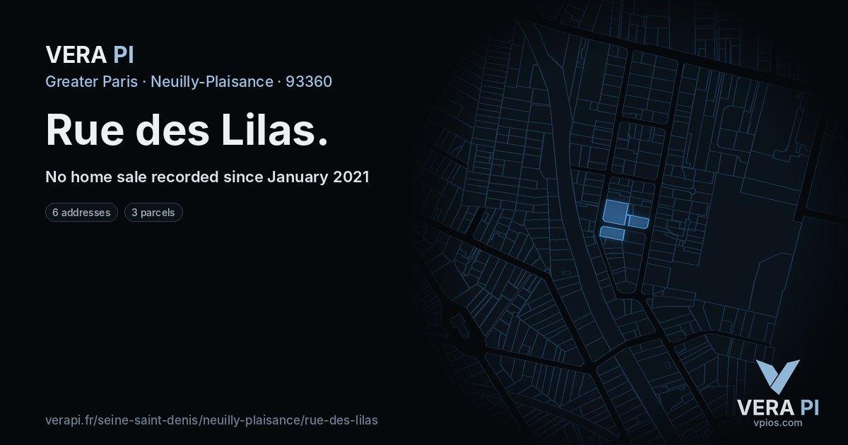 Rue des Lilas, Neuilly-Plaisance at night – every parcel coloured by the prices around it, the street's own parcels lit