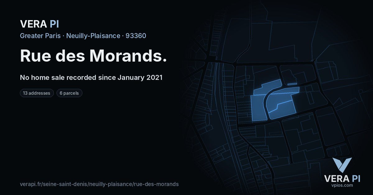Rue des Morands, Neuilly-Plaisance at night – every parcel coloured by the prices around it, the street's own parcels lit