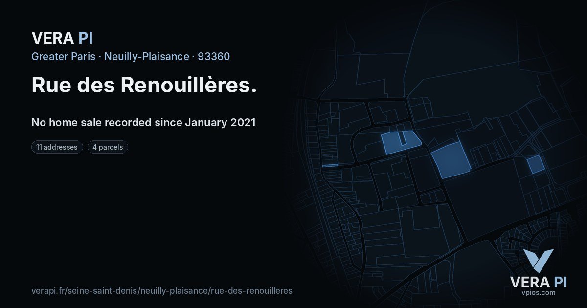Rue des Renouillères, Neuilly-Plaisance at night – every parcel coloured by the prices around it, the street's own parcels lit