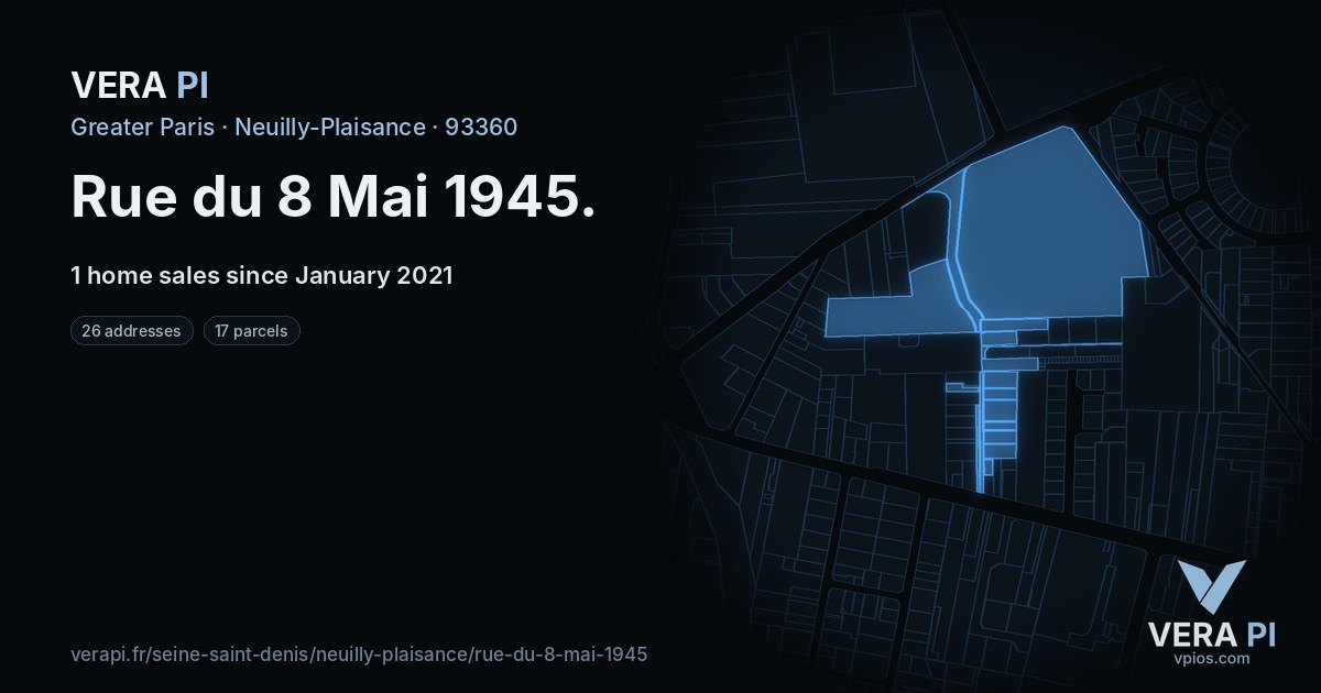 Rue du 8 Mai 1945, Neuilly-Plaisance at night – every parcel coloured by the prices around it, the street's own parcels lit