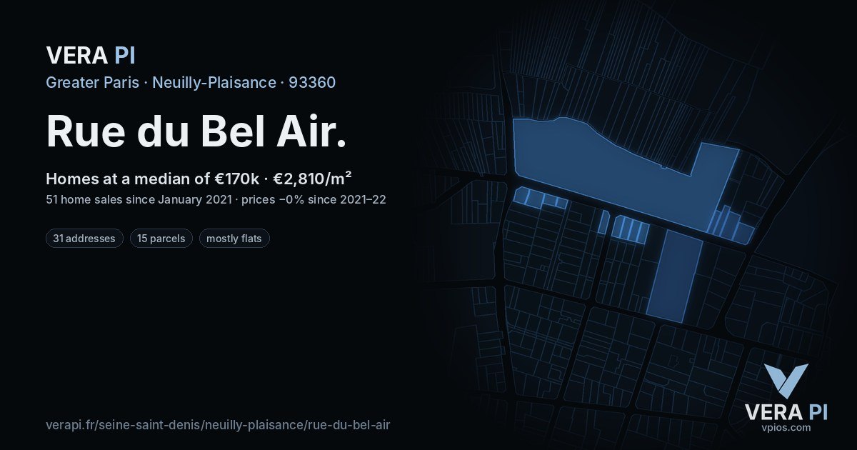 Rue du Bel Air, Neuilly-Plaisance at night – every parcel coloured by the prices around it, the street's own parcels lit