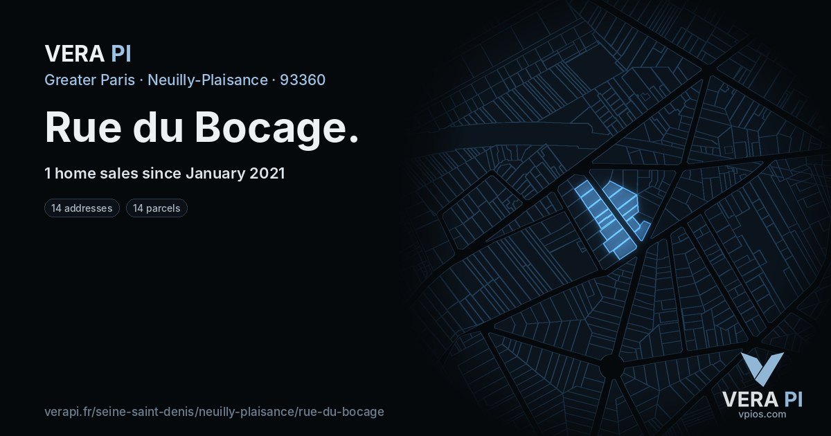 Rue du Bocage, Neuilly-Plaisance at night – every parcel coloured by the prices around it, the street's own parcels lit