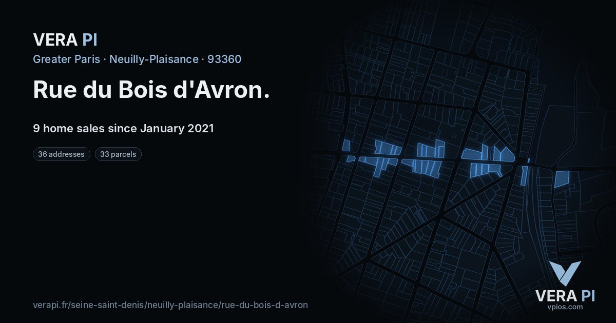 Rue du Bois d'Avron, Neuilly-Plaisance at night – every parcel coloured by the prices around it, the street's own parcels lit