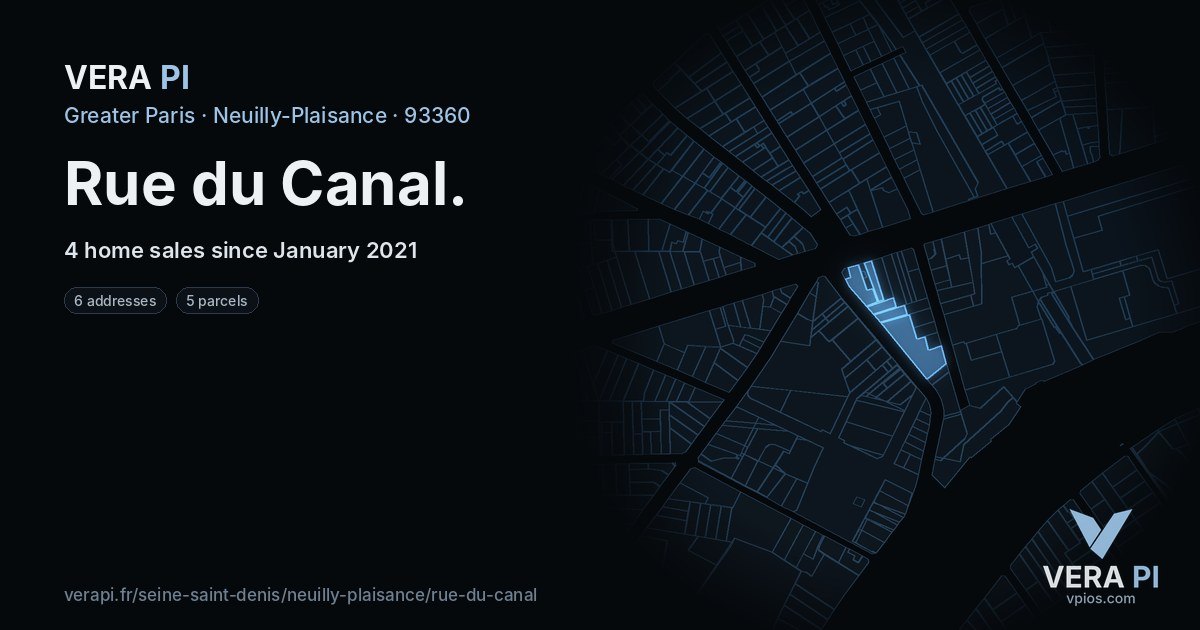 Rue du Canal, Neuilly-Plaisance at night – every parcel coloured by the prices around it, the street's own parcels lit