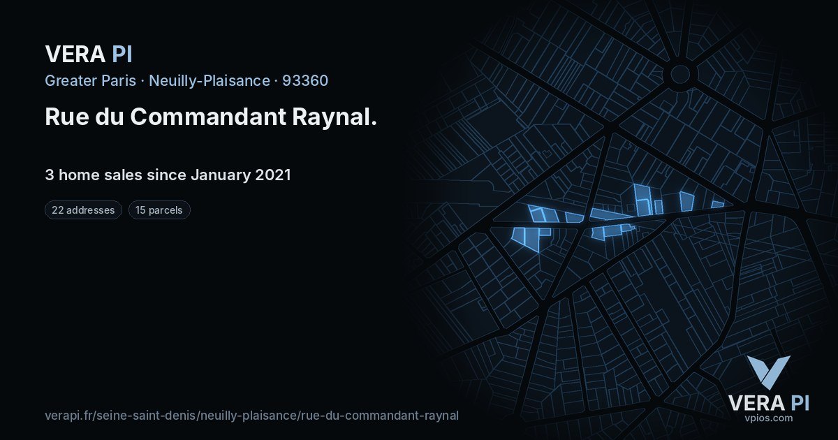 Rue du Commandant Raynal, Neuilly-Plaisance at night – every parcel coloured by the prices around it, the street's own parcels lit
