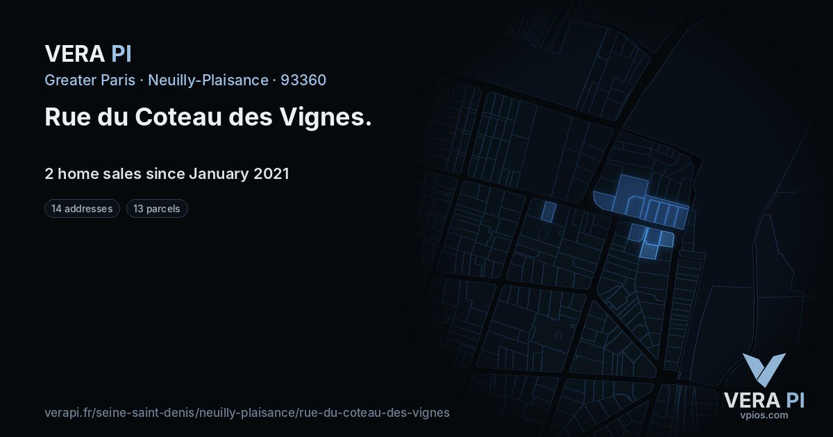Rue du Coteau des Vignes, Neuilly-Plaisance at night – every parcel coloured by the prices around it, the street's own parcels lit