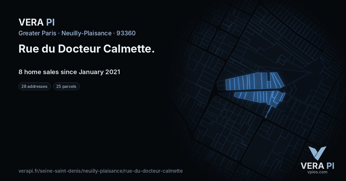 Rue du Docteur Calmette, Neuilly-Plaisance at night – every parcel coloured by the prices around it, the street's own parcels lit