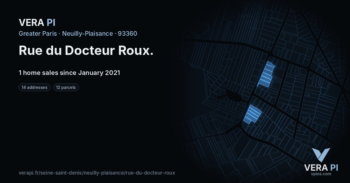 Rue du Docteur Roux, Neuilly-Plaisance at night – every parcel coloured by the prices around it, the street's own parcels lit