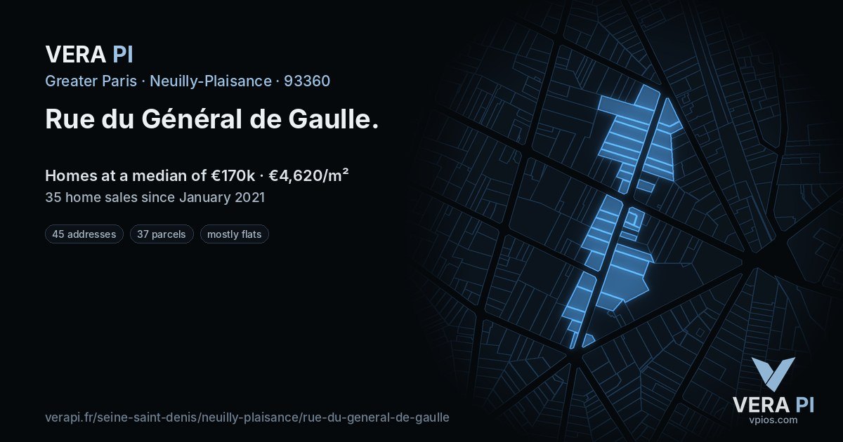 Rue du Général de Gaulle, Neuilly-Plaisance at night – every parcel coloured by the prices around it, the street's own parcels lit