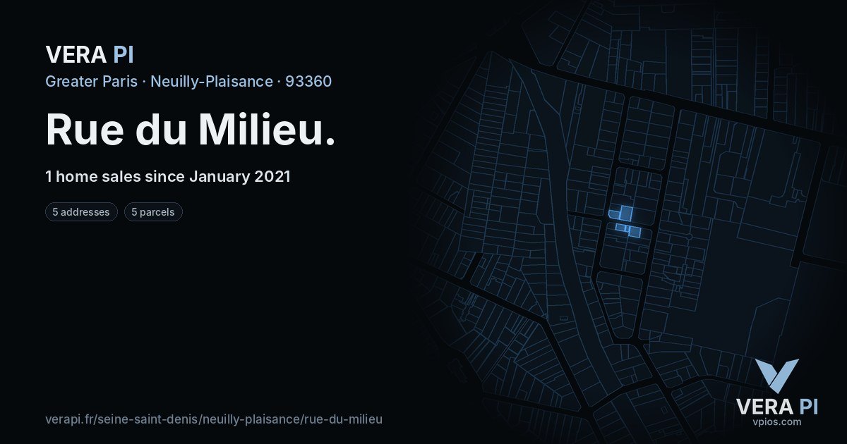 Rue du Milieu, Neuilly-Plaisance at night – every parcel coloured by the prices around it, the street's own parcels lit