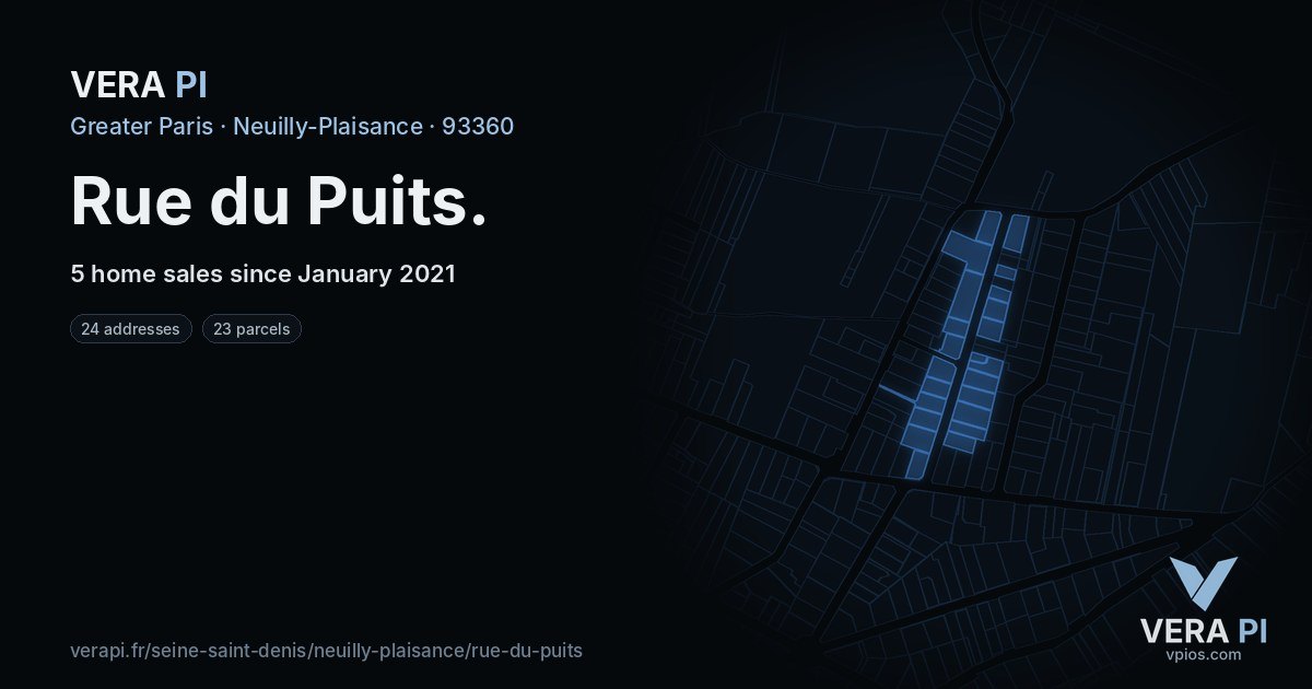 Rue du Puits, Neuilly-Plaisance at night – every parcel coloured by the prices around it, the street's own parcels lit