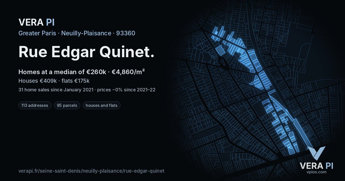 Rue Edgar Quinet, Neuilly-Plaisance at night – every parcel coloured by the prices around it, the street's own parcels lit