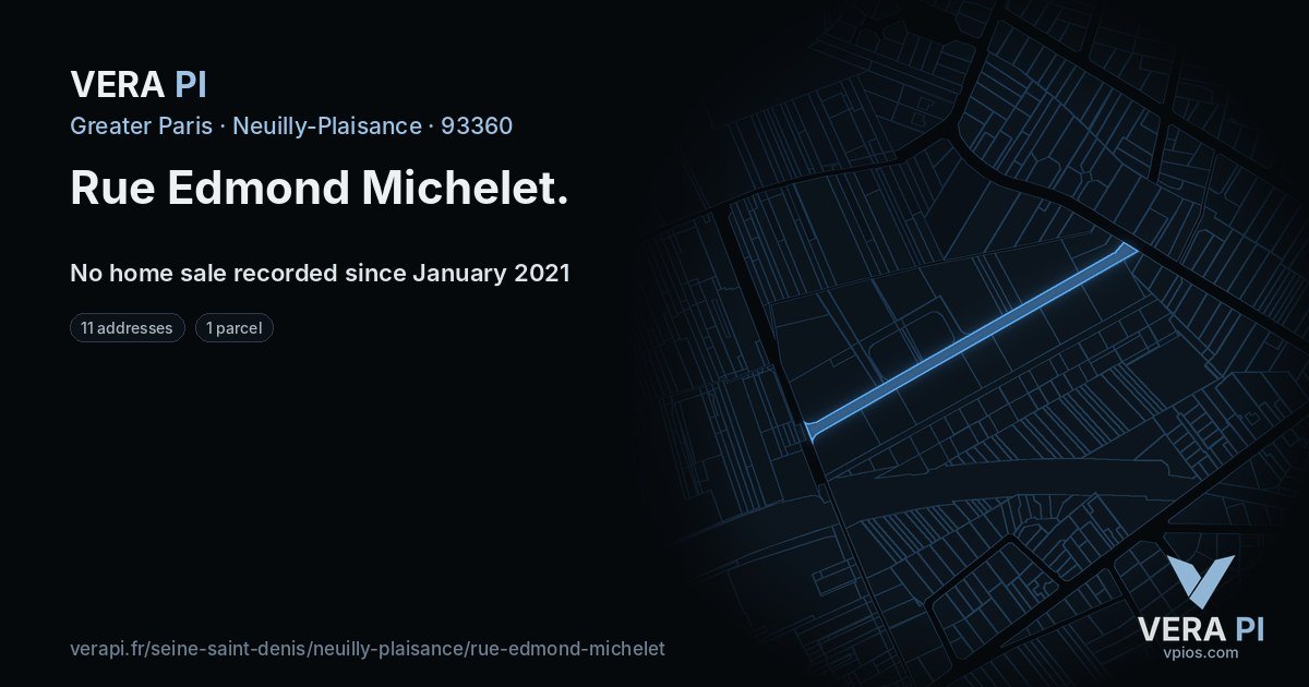 Rue Edmond Michelet, Neuilly-Plaisance at night – every parcel coloured by the prices around it, the street's own parcels lit