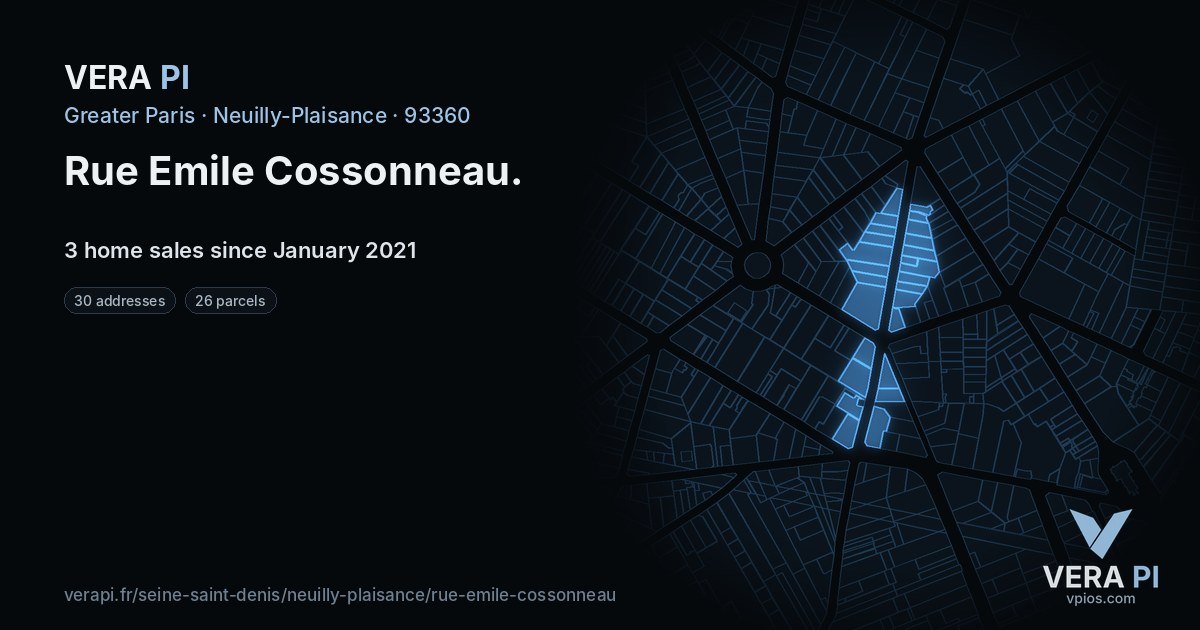 Rue Emile Cossonneau, Neuilly-Plaisance at night – every parcel coloured by the prices around it, the street's own parcels lit