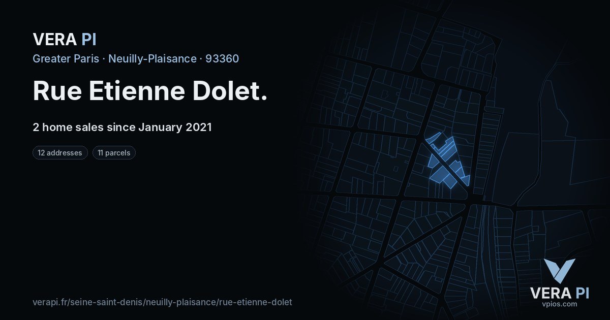 Rue Etienne Dolet, Neuilly-Plaisance at night – every parcel coloured by the prices around it, the street's own parcels lit