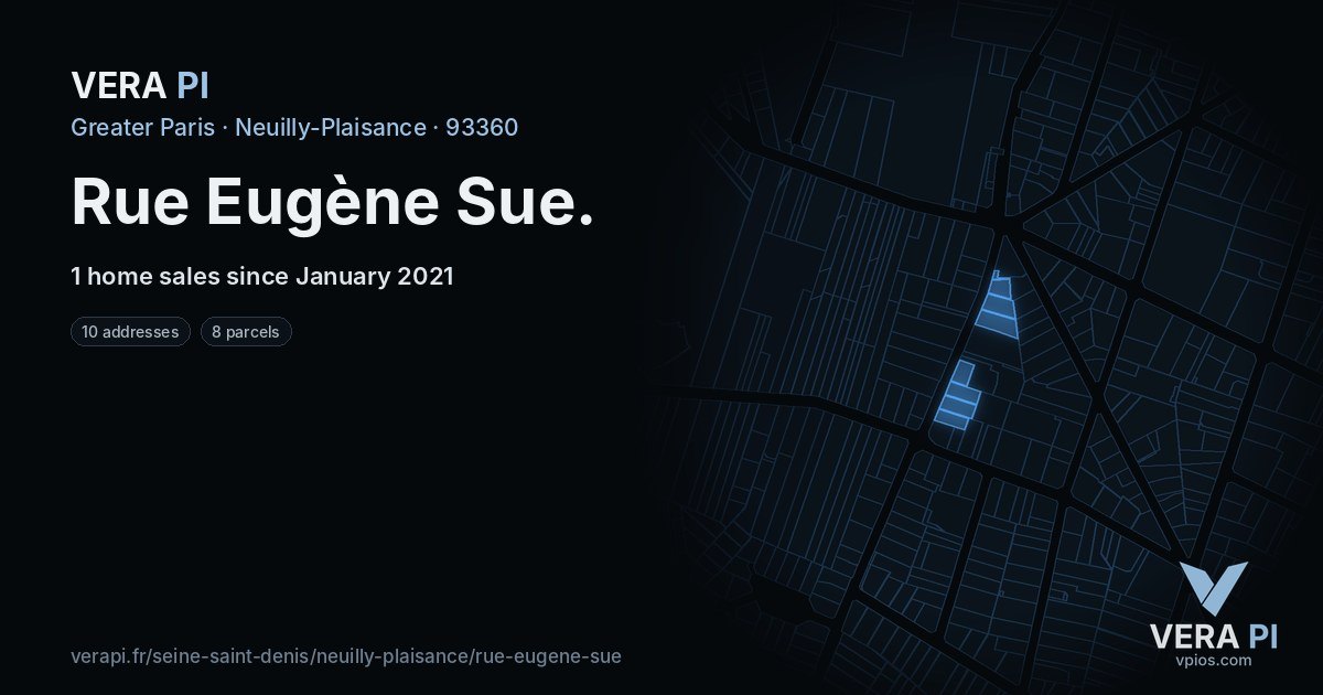 Rue Eugène Sue, Neuilly-Plaisance at night – every parcel coloured by the prices around it, the street's own parcels lit