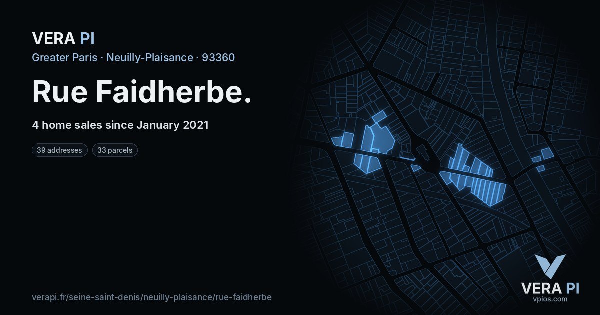 Rue Faidherbe, Neuilly-Plaisance at night – every parcel coloured by the prices around it, the street's own parcels lit