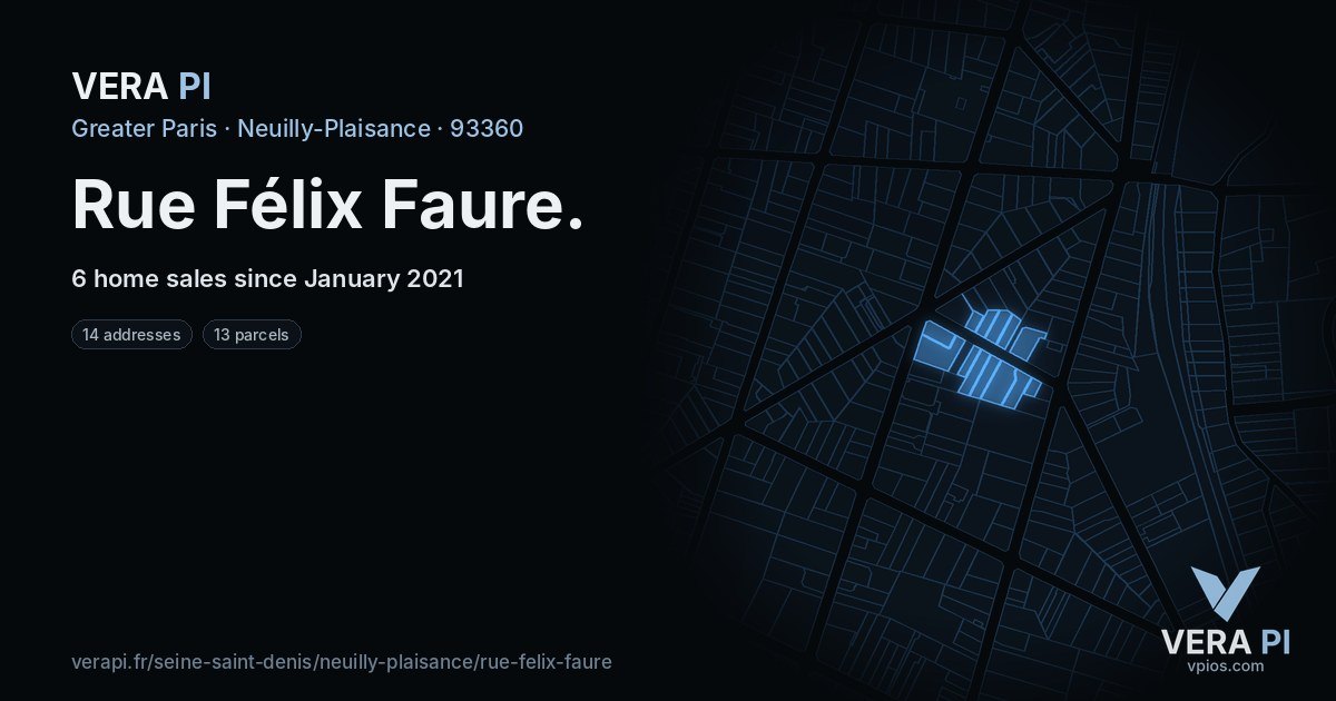 Rue Félix Faure, Neuilly-Plaisance at night – every parcel coloured by the prices around it, the street's own parcels lit