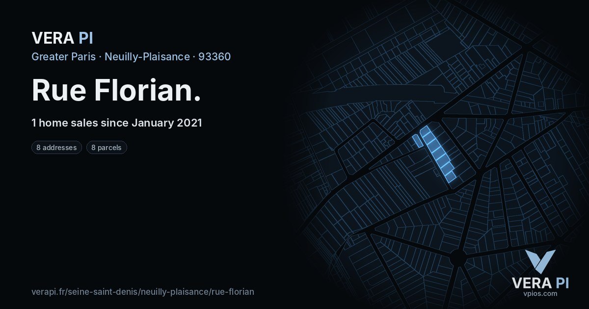 Rue Florian, Neuilly-Plaisance at night – every parcel coloured by the prices around it, the street's own parcels lit