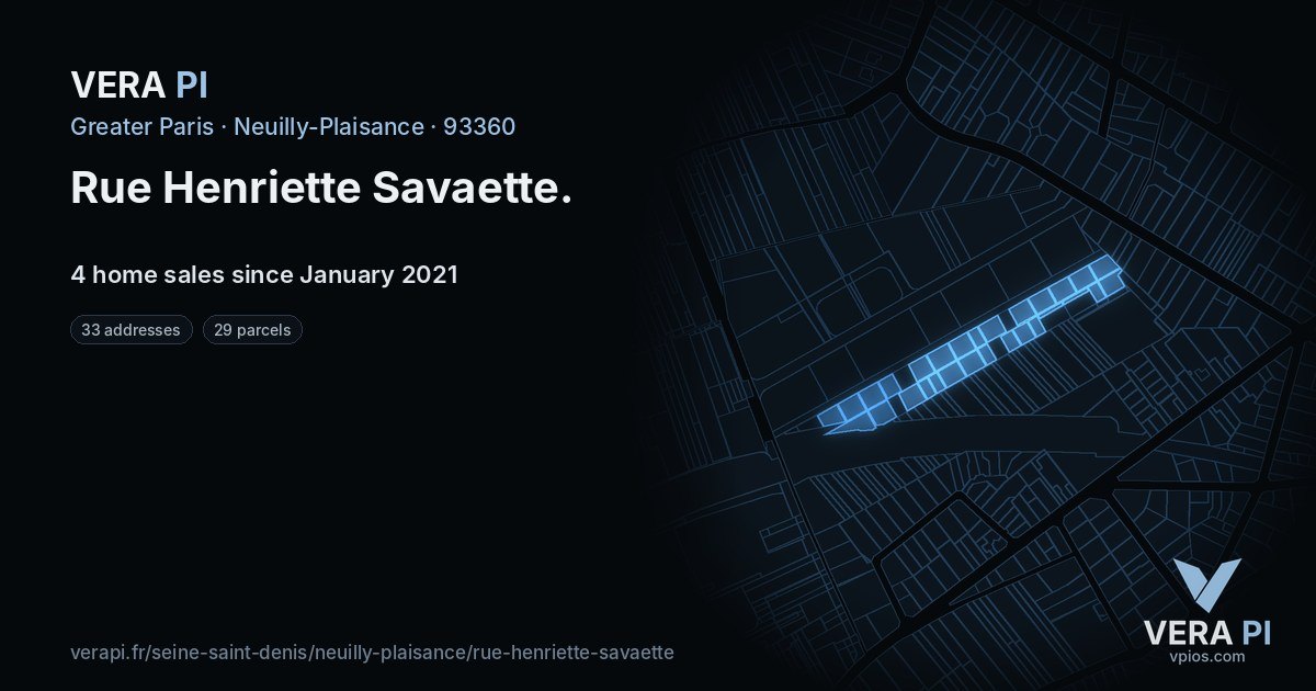 Rue Henriette Savaette, Neuilly-Plaisance at night – every parcel coloured by the prices around it, the street's own parcels lit