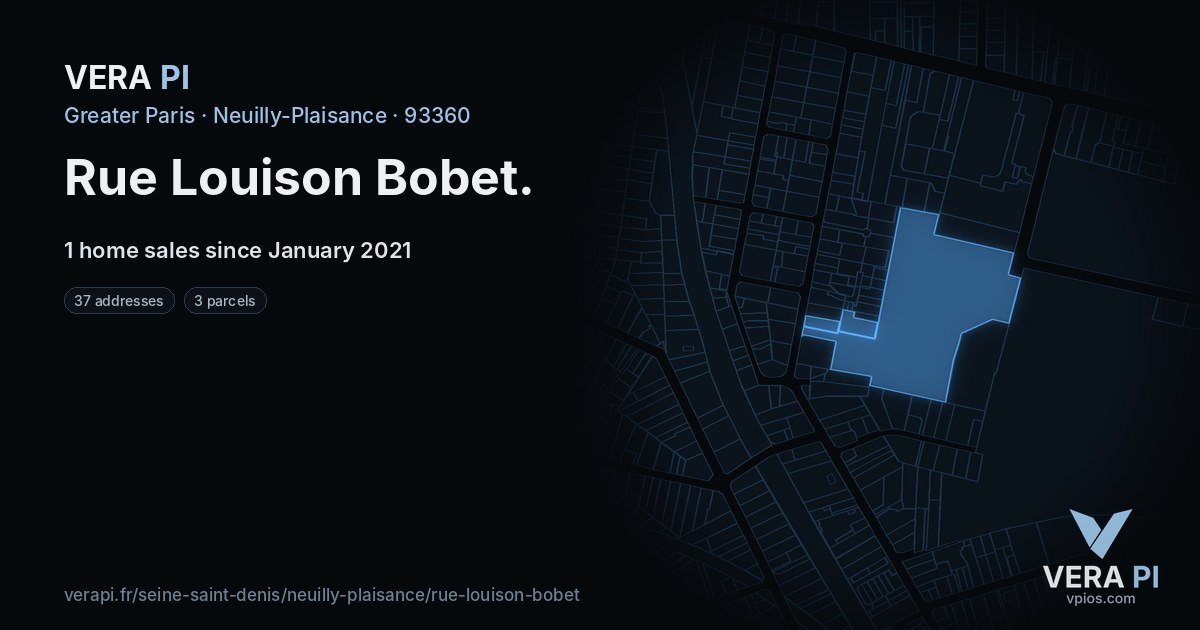 Rue Louison Bobet, Neuilly-Plaisance at night – every parcel coloured by the prices around it, the street's own parcels lit