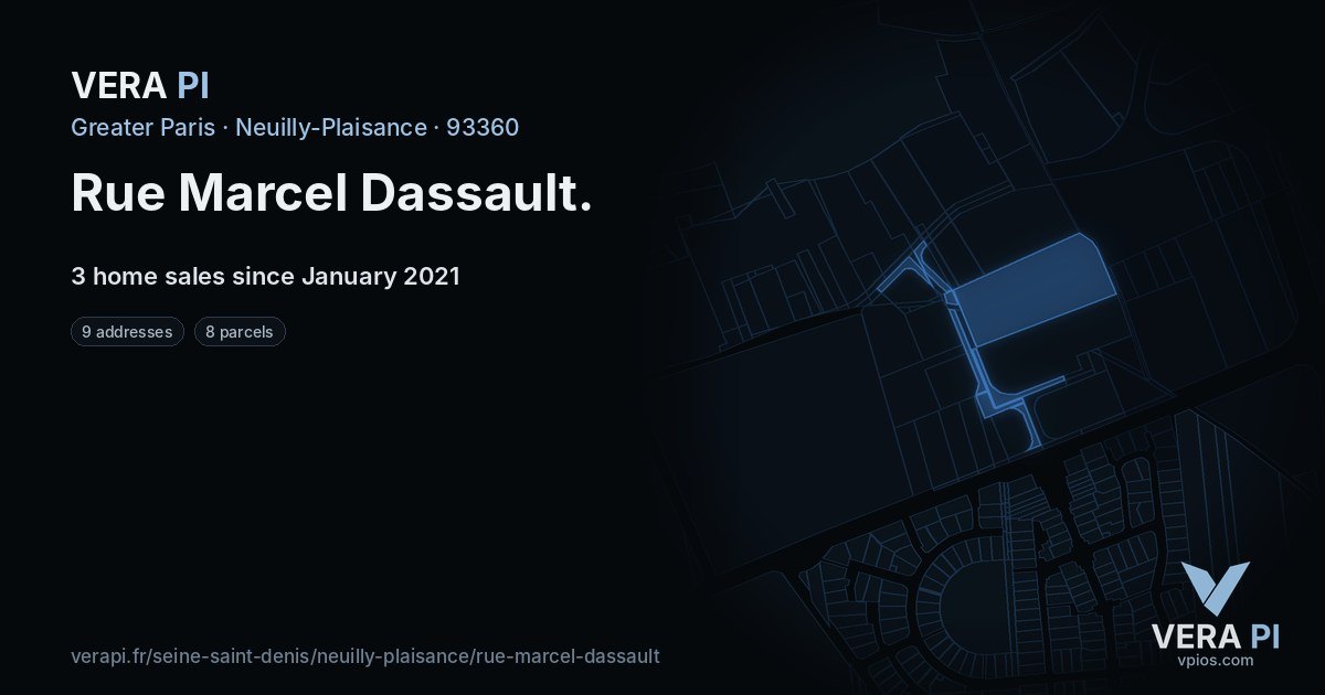 Rue Marcel Dassault, Neuilly-Plaisance at night – every parcel coloured by the prices around it, the street's own parcels lit