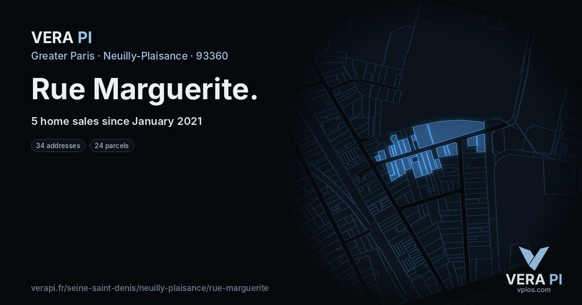 Rue Marguerite, Neuilly-Plaisance at night – every parcel coloured by the prices around it, the street's own parcels lit