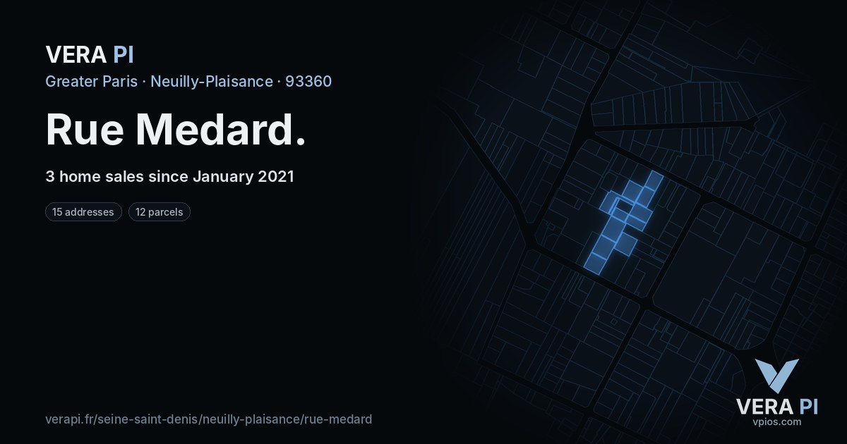 Rue Medard, Neuilly-Plaisance at night – every parcel coloured by the prices around it, the street's own parcels lit