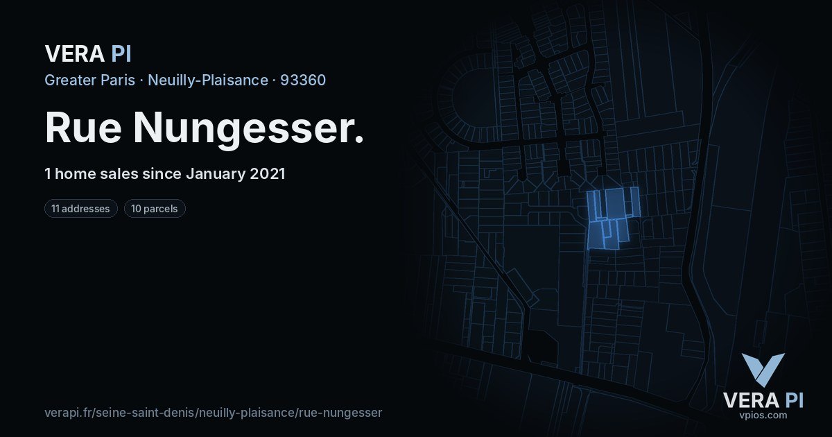 Rue Nungesser, Neuilly-Plaisance at night – every parcel coloured by the prices around it, the street's own parcels lit