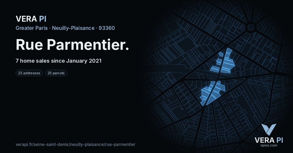 Rue Parmentier, Neuilly-Plaisance at night – every parcel coloured by the prices around it, the street's own parcels lit