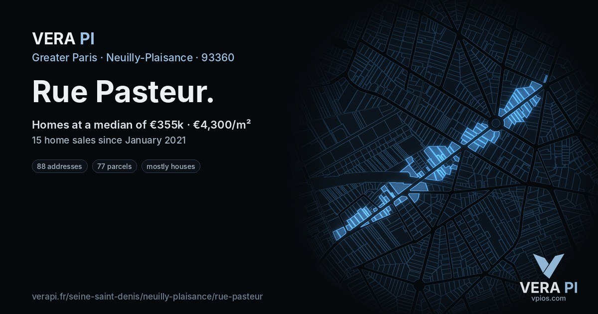 Rue Pasteur, Neuilly-Plaisance at night – every parcel coloured by the prices around it, the street's own parcels lit