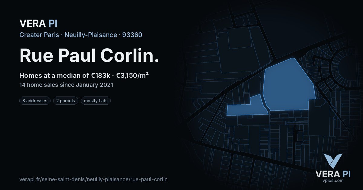 Rue Paul Corlin, Neuilly-Plaisance at night – every parcel coloured by the prices around it, the street's own parcels lit