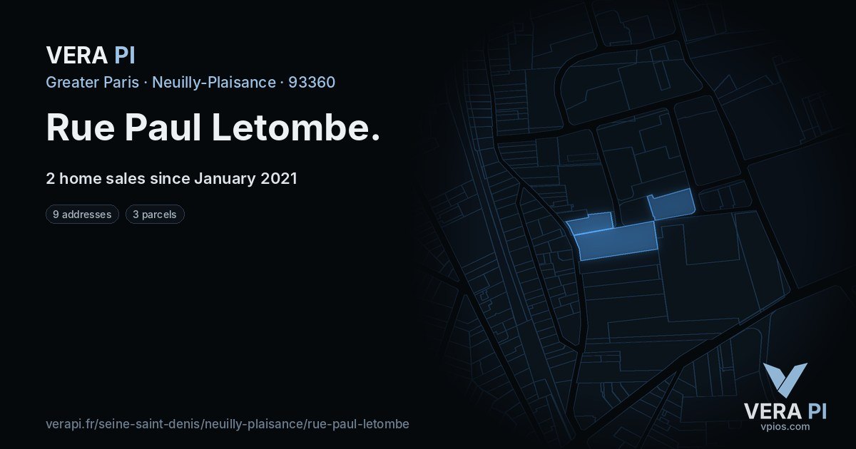 Rue Paul Letombe, Neuilly-Plaisance at night – every parcel coloured by the prices around it, the street's own parcels lit