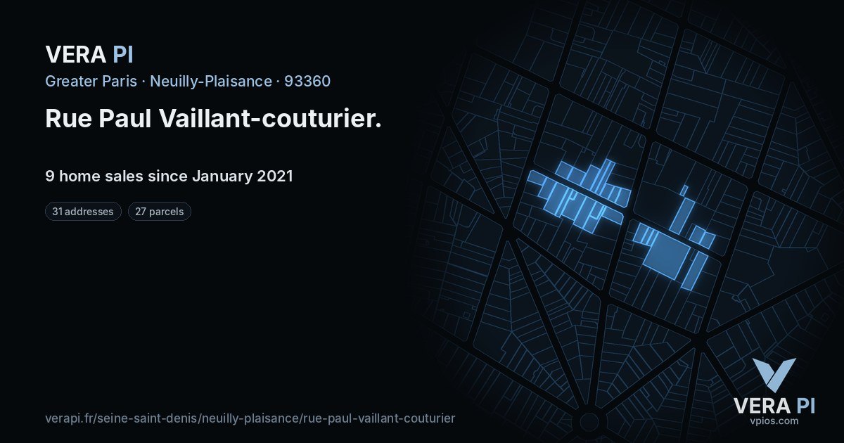 Rue Paul Vaillant-couturier, Neuilly-Plaisance at night – every parcel coloured by the prices around it, the street's own parcels lit