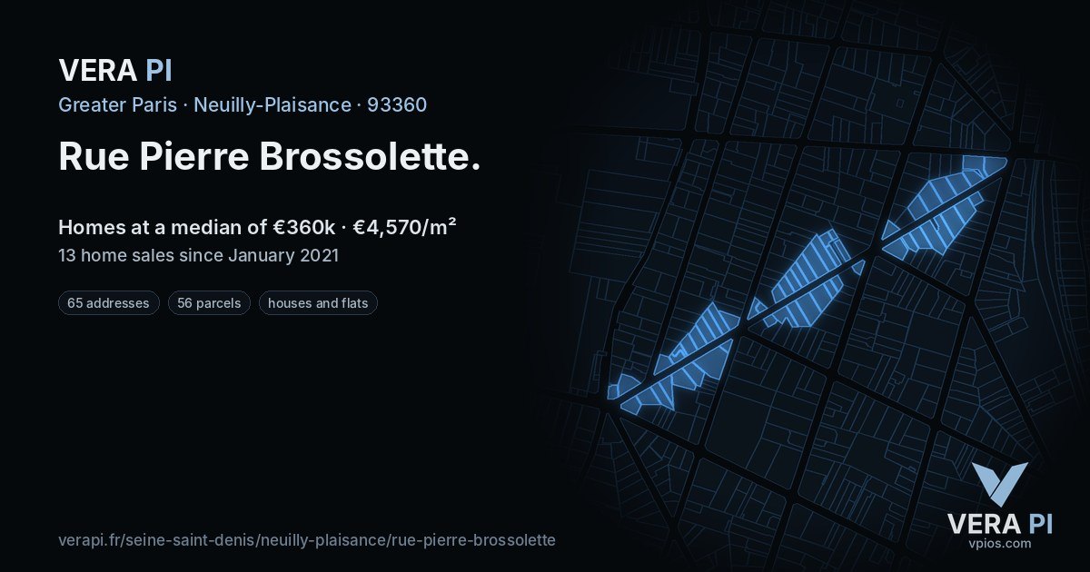 Rue Pierre Brossolette, Neuilly-Plaisance at night – every parcel coloured by the prices around it, the street's own parcels lit