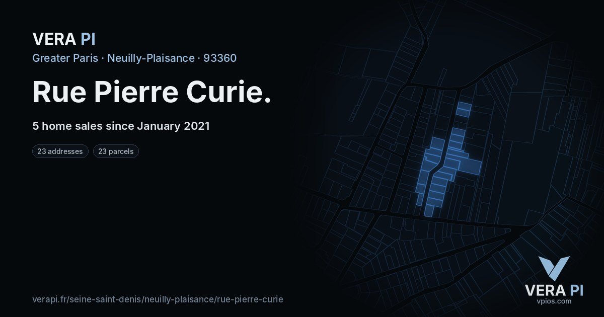 Rue Pierre Curie, Neuilly-Plaisance at night – every parcel coloured by the prices around it, the street's own parcels lit