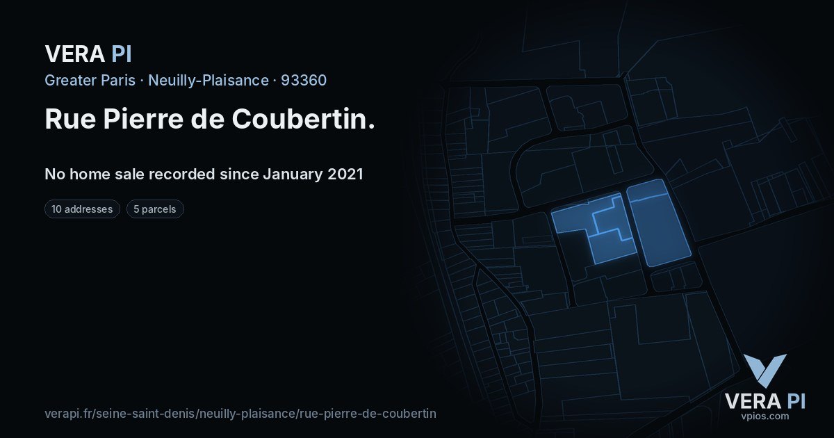Rue Pierre de Coubertin, Neuilly-Plaisance at night – every parcel coloured by the prices around it, the street's own parcels lit