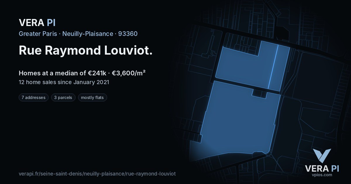 Rue Raymond Louviot, Neuilly-Plaisance at night – every parcel coloured by the prices around it, the street's own parcels lit