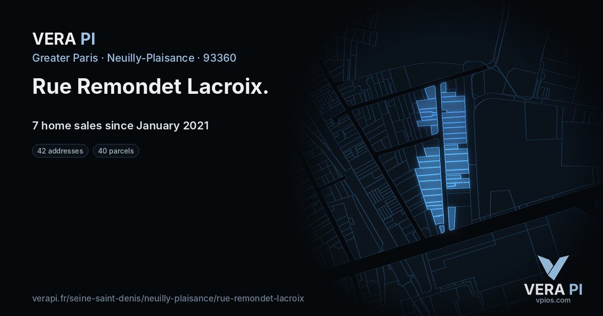 Rue Remondet Lacroix, Neuilly-Plaisance at night – every parcel coloured by the prices around it, the street's own parcels lit